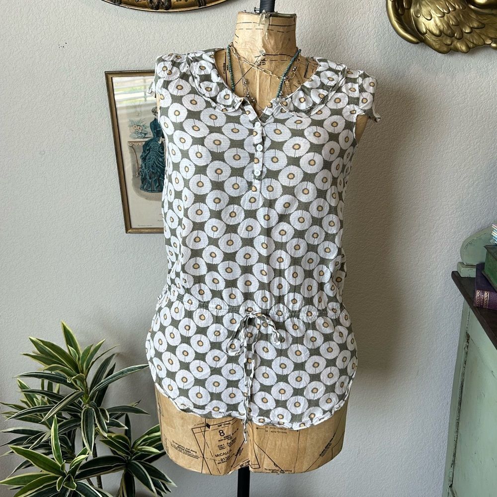 Blue Exchange Green Yellow White Dandelion Flower Peter Pan Collar‎ Blouse Sz S